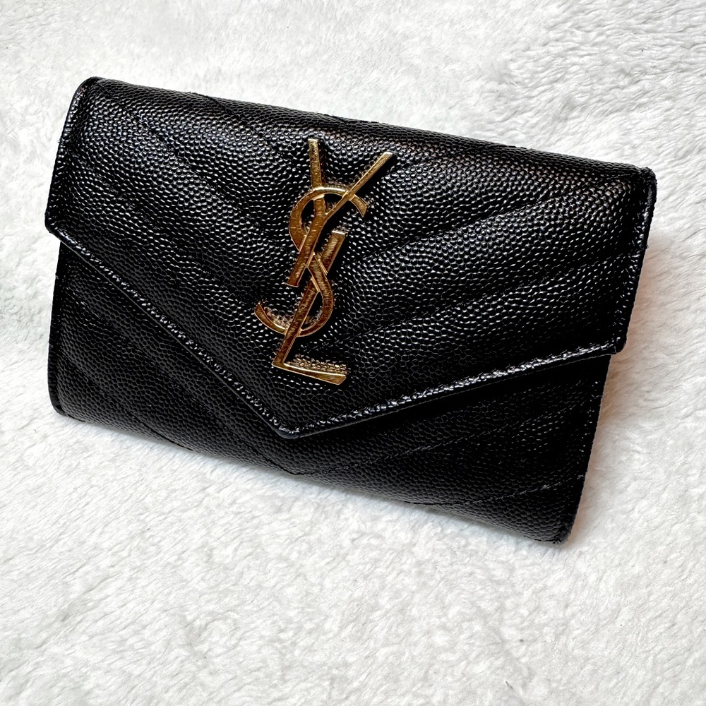 Yves Saint Laurent Black Cassandre Matelassé Small Envelope Wallet in Lambskin